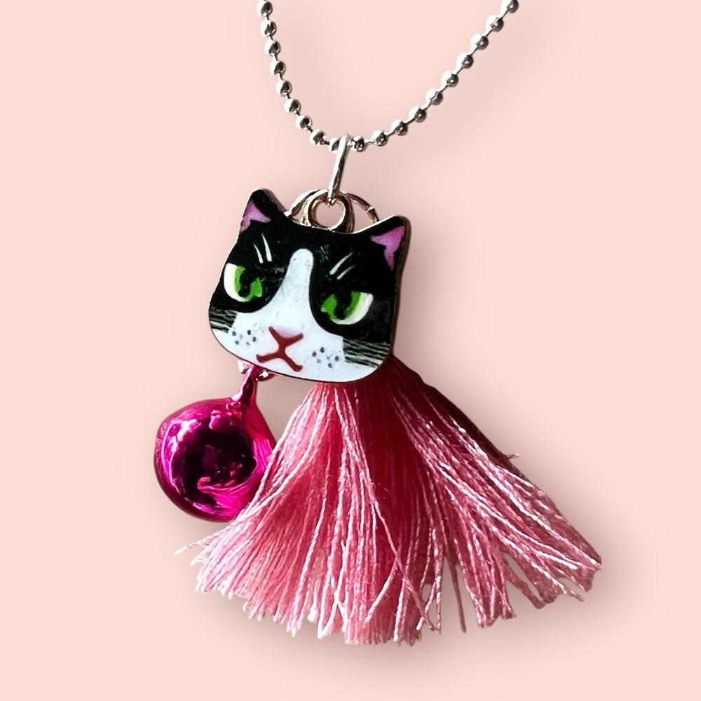 Handmade Whimsical Grumpy Cat Charm Necklace, Pastel, Pink, Tassle & Bell 925